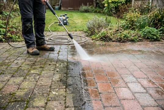 Person uses pressure washer to clean brick pathway in garden area during daytime in residential setting