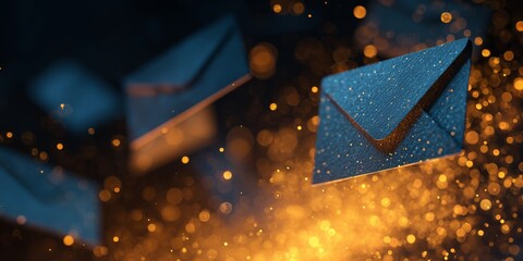 Floating blue envelopes surrounded by bright golden bokeh lights and dynamic sparkling particles, concept for digital marketing, secure information transfer and online notification success