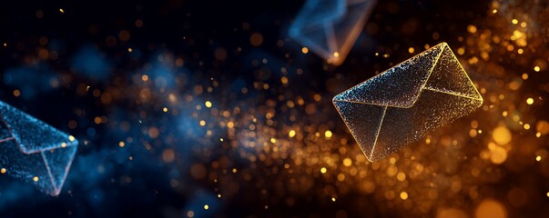 Abstract visualization of glowing envelope particles flowing in a dark digital space with vibrant bokeh, concept for secure data transfer, email marketing and global digital communication