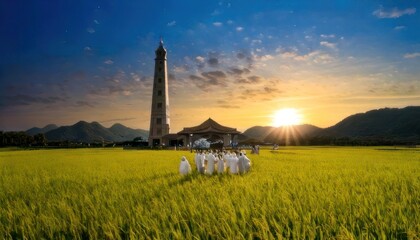 Picturesque landscape featuring a lighthouse, golden field, and distant mountains at sunset.