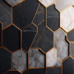 Abstract geometric pattern of black white and gold honeycomb tiles