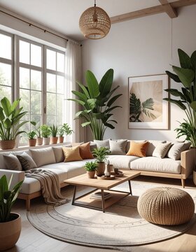 Modernes Boho-Wohnzimmer mit Pflanzen