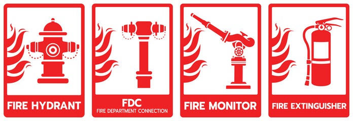 Vector icon set of firefighting equipment including fire hydrant, FDC connection, fire monitor, and fire extinguisher. Ideal for safety signs, emergency graphics, and fire protection design