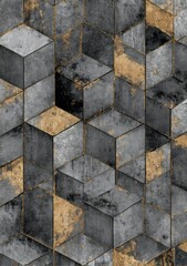 Abstract geometric pattern of cubes in grey gold and texture