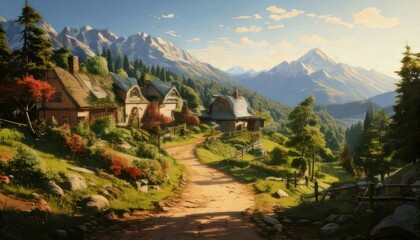 Picturesque Mountain Village Landscape with Rustic Homes and Scenic Views.