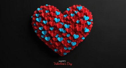 A beautiful heart made of many small red and blue paper hearts against a dark background with the text 'Happy Valentine's Day' below it
