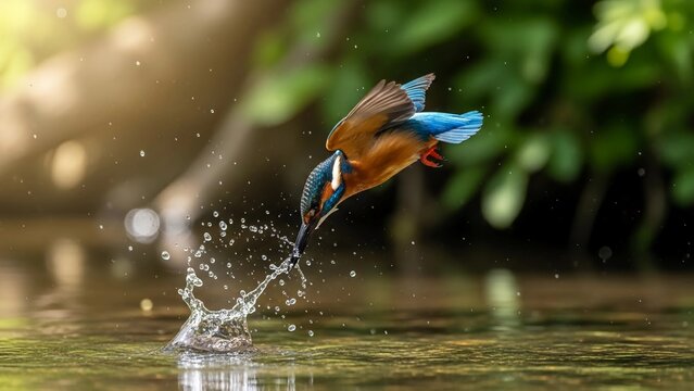 A kingfisher dives into the water with a splash of droplets flying everywhere