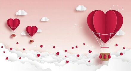 Romantic hot air balloons in heart shape floating in the sky with clouds and confetti