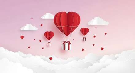 Romantic heart balloons carrying gifts float gracefully through a serene pink sky, symbolizing love, joy, and thoughtful celebration, perfect for Valentine's Day or special anniversaries