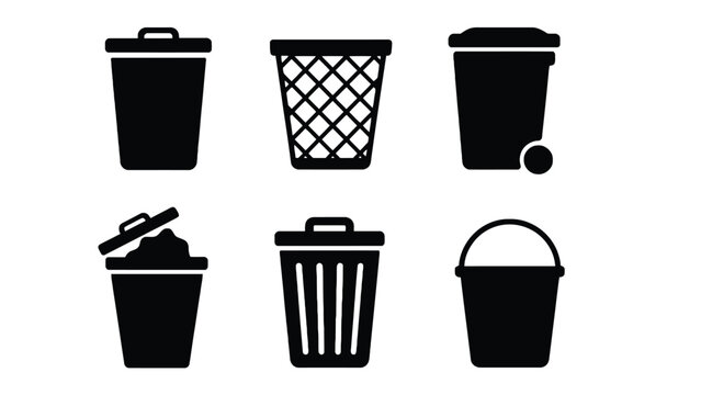 A collection of black trash can and bucket icons on a white background