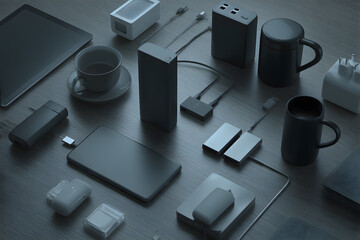 Variety of tech gadgets and accessories arranged on a wooden surface during late evening