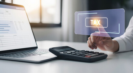 A professional accountant using a laptop and calculator to manage online tax filing and financial planning through a futuristic digital interface for business income accounting