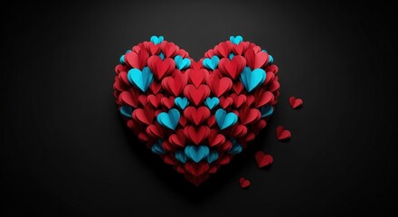 A heart shape formed by red and blue fragments on a dark background viewed from directly above