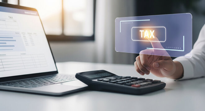 A professional accountant using a laptop and calculator to manage online tax filing and financial planning through a futuristic digital interface for business income accounting - Powered by Adobe