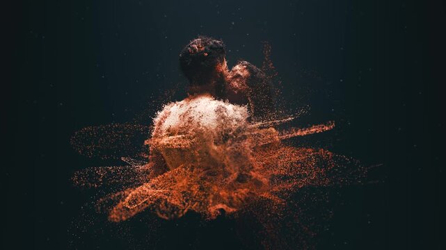 Abstract digital rendering of a man and woman embracing and kissing. Their bodies are made of swirling particles that explode and reform. Seamless loop