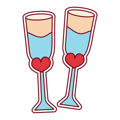Sticker two glasses of champagne decorated with red hearts. An element for greeting cards, invitations, weddings, and packaging.