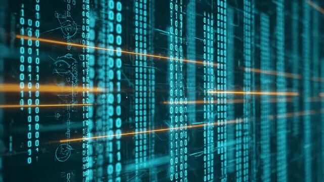 Abstract digital background with flowing binary code and orange light rays in a data grid.