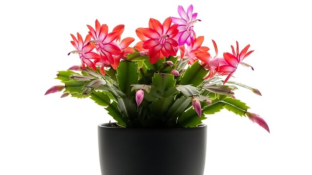 Vibrant red and pink Christmas cactus flowers blooming beautifully in a black pot, isolated on a clean white background, creating a festive holiday atmosphere