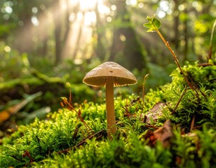 Mushroom in Sunlight - A Forest Floor Discovery.