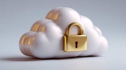 Sleek white minimalist cloud icon with a golden lock in a simple setting