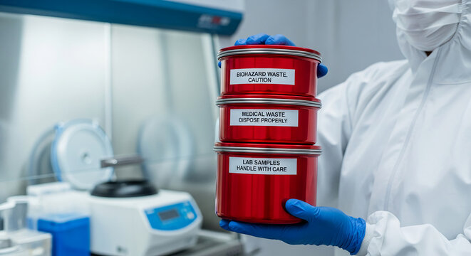 Person in lab coat holds stacked red container with caution label, representing biohazard material handling and disposal safety protocol