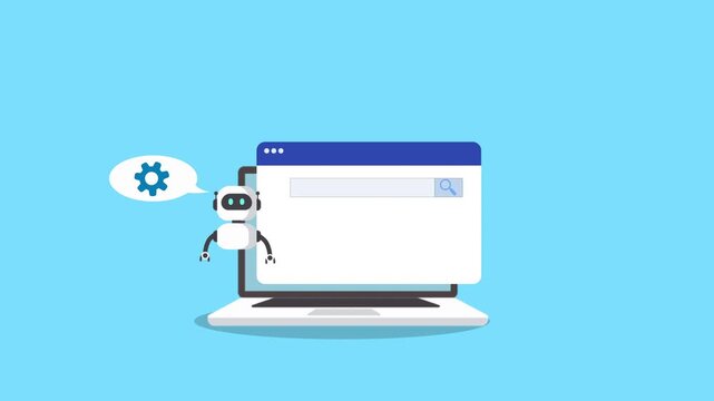 Minimal laptop illustration with a settings window and robot assistant, representing system configuration, setup assistance, and automated support. Clean flat design for UI, apps, and technology visua