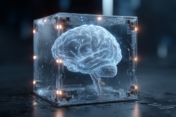 Futuristic human brain silhouette in a glowing cube with digital elements displayed in a modern setting