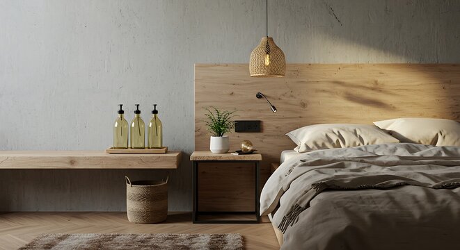 Cozy bedroom interior with a wooden bed frame, nightstand, and bench against a gray wall with warm lighting and a plant.