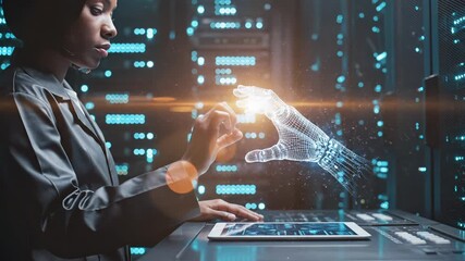 Engineer uses tablet to interact with glowing holographic hand. The woman is an IT engineer in data center. She works on holographic interface with tablet. The engineer uses AI and future technology. - Powered by Adobe