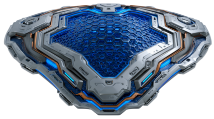 Futuristic shield design with brushed silver and blue accents for advanced protection structures in a sci-fi setting