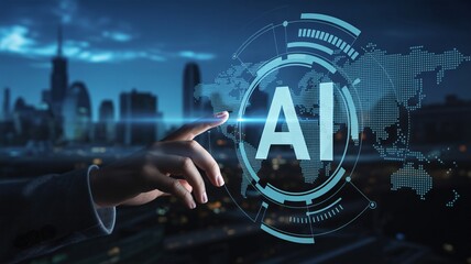 Person interacting with futuristic AI interface in cityscape