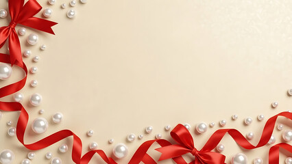 Elegant gift background with red ribbons and pearls for special occasions