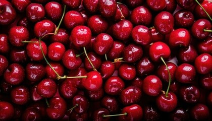 Pile of Fresh Red Cherries with Stems Close-Up.