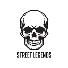 Fototapeta premium Edgy skull graphic with bold typography. Street rebel lettering with skeleton head. Gritty underground fashion element for t-shirt prints and logo art.