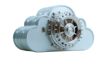 Glossy white cloud shape with secure vault design in a minimalist style displayed on a plain background