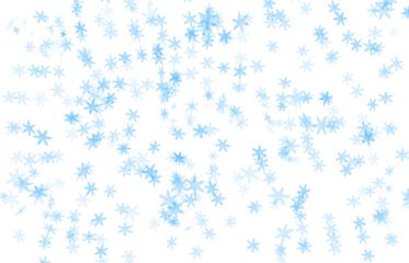 Snowfall. Flurry. Winter. An isolated PNG overlay of scattered blue snowflakes and stars on a transparent background for a falling snow effect, winter backdrop, or holiday atmosphere.