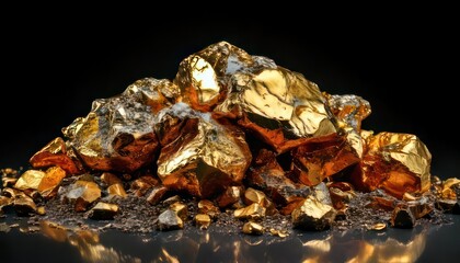 Pile of Gold Nuggets on Black Background - Precious Metal Wealth Concept.