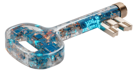 Unique design of a blue polymer key with circuit patterns on a neutral background showing details of modern technology