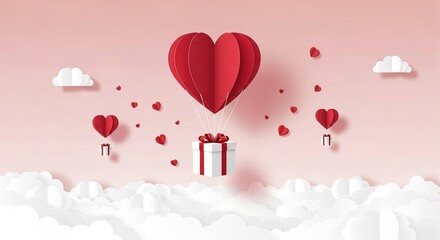 A red heart shaped balloon floating above a gift box surrounded by smaller hearts and clouds in a serene pink environment viewed from the front