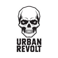 Edgy skull graphic with bold typography. Street rebel lettering with skeleton head. Gritty underground fashion element for t-shirt prints and logo art.