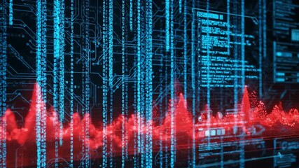 Digital data streams in blue matrix flow over a red financial chart. - Powered by Adobe