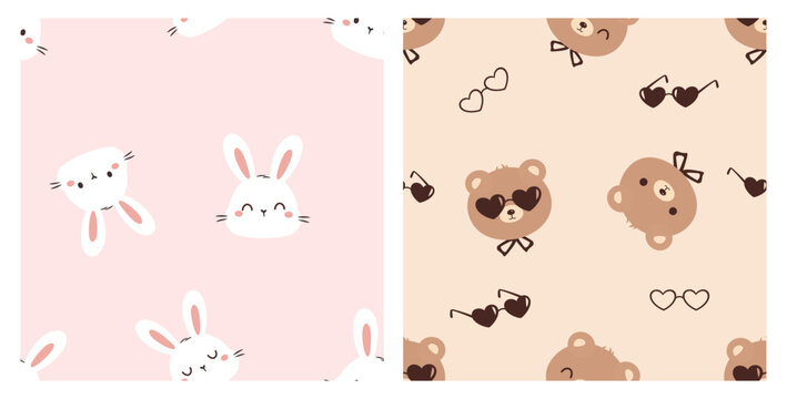 Cute seamless animal pattern set with smiling bunny faces and teddy bears wearing sunglasses in soft pastel pink and beige tones, designed for nursery decor, fabric prints.