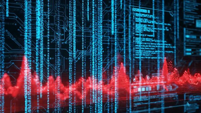 Digital data streams in blue matrix flow over a red financial chart.