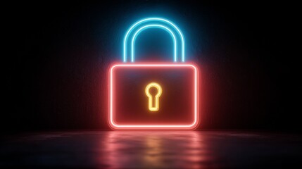 Glowing lock and key symbol with bright colors on a dark background showcasing security in a digital environment