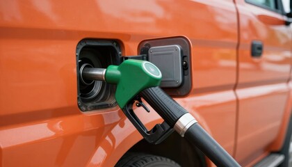Fueling up your car with gasoline at a busy gas station environment a close-up view of the pumping action