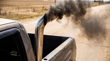 Pickup Truck Emitting Thick Black Smoke from Exhaust Pipe on a Rural Road