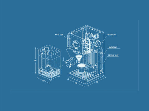 Coffee Machine Technical Blueprint - Exploded View of Espresso Maker Components with Water Flow and Heating Unit Vector Illustration