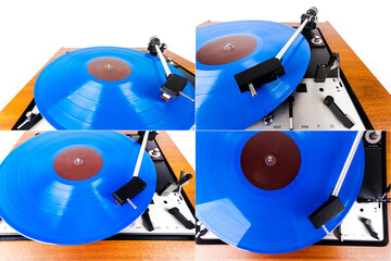 Collection of images with vintage stereo turntable vinyl record player isolated on white background. Blue record on turntable.