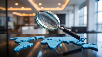 Magnifying glass over blue 3D world map symbolizing global analysis, research and international investigation