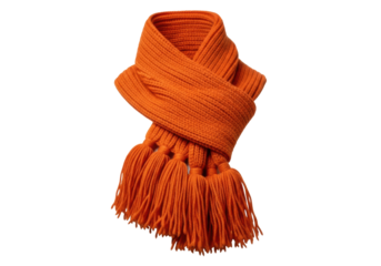 high-end pumpkin orange knitted wool luxury scarf with ribbed texture and thick tassels, isolated on transparent studio background, hyperdetailed commercial product concept